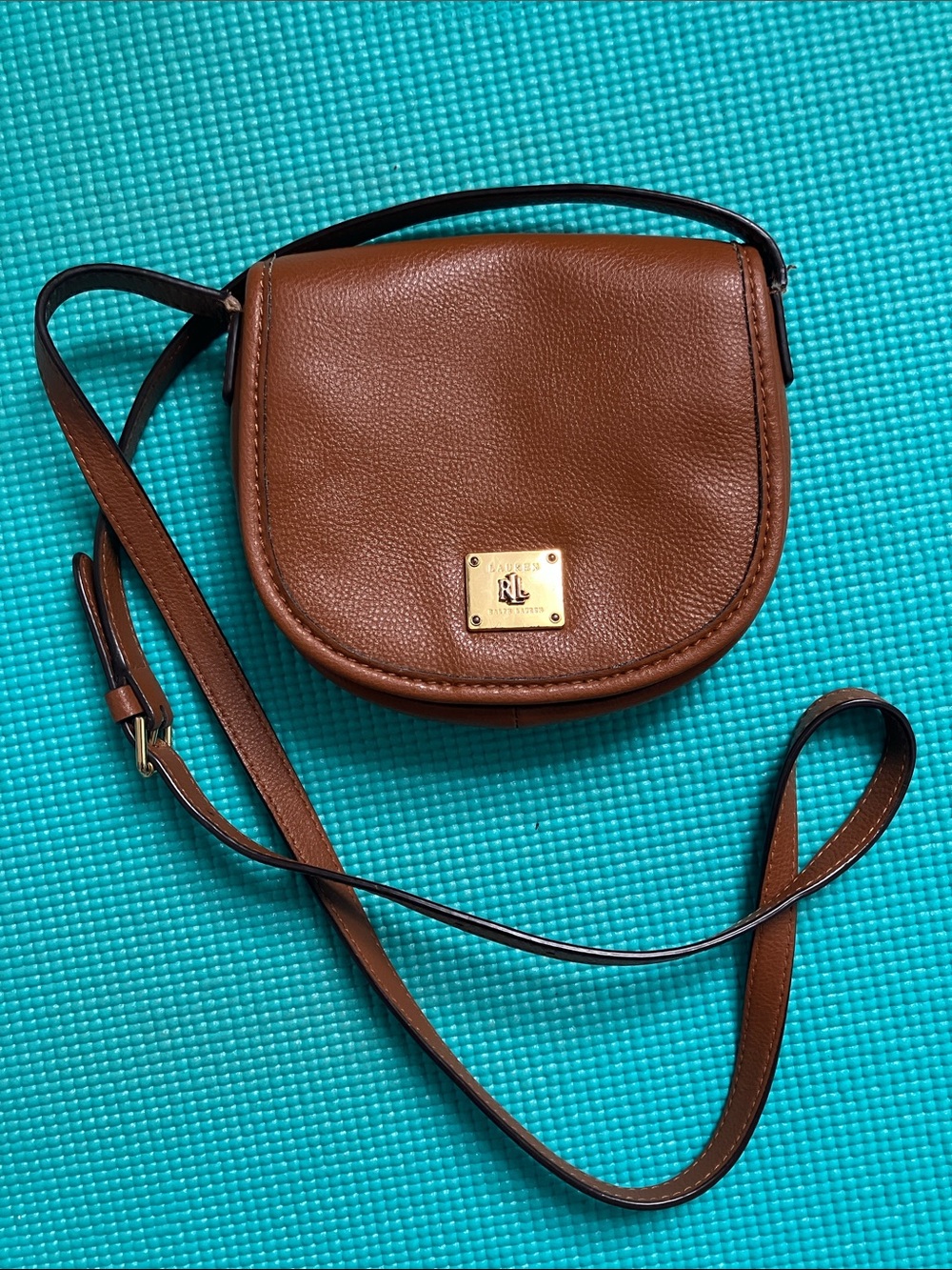 Lauren Ralph Lauren caramel tan leather? sm saddlebag crossbody purse FLAWS